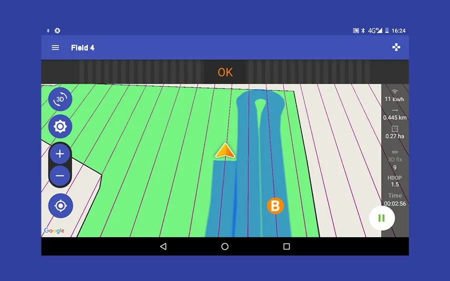 Agricultural Guidance View screen with active guidance line